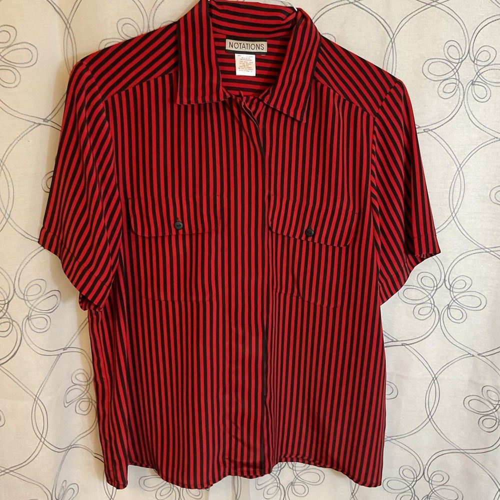 Woman's Notations Black Red Striped Short Sleeve Button Up Shirt Size 12